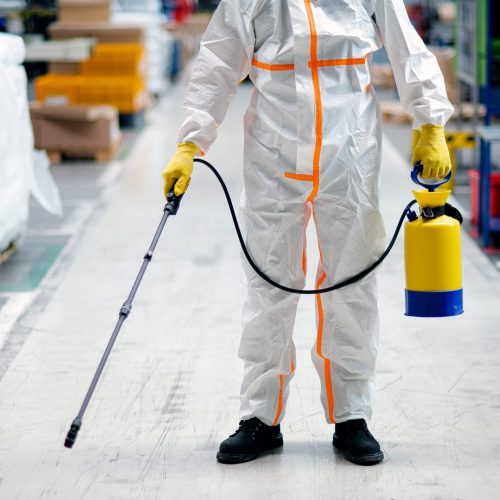 Front view portrait of man worker with protective mask and suit disinfecting industrial factory with spray gun.